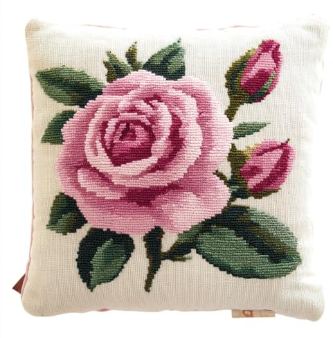 NAHUIGOOD Punto Croce Cuscino Kit Fiori Rosa 45X45Cm Cuscino Posteriore Inclusotela Prestampatafilo E Ago Inclusi Per Principiantiadulti,