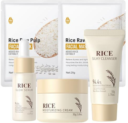 5PCS Rice Korean Skincare Set,Glass Skin Care Gift Set,Korean Rice Skincare Set with Silky Cleanser,Glow Serum,Moisturizing Cream,Sheet Mask,Anti-Aging Facial Kit for Glowing Skin for Women