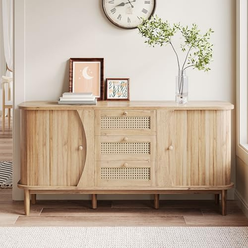 Elegant Sideboard Made of Natural Particle Board - Rattan Chest of Drawers with Sliding Doors, Adjustable Shelves and Rounded Plate for Your Modern Home