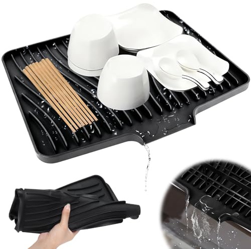 KOVSGQ Alfombrilla Escurreplatos de Silicona escurreplatos silicona alfombrilla escurridor 40x33cm Antideslizante Resistente al Calor plegable de secado rápido para Encimera de Cocina (Negro)