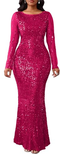VERWIN Women's Sequins Bodycon Round Neck Long Sleeve Sparkly Mermaid Maxi Casual Party Cocktail Dress L Rose