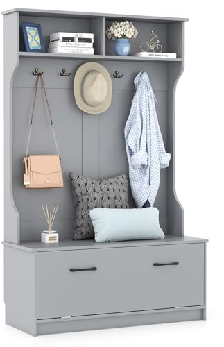 COSTWAY Coat Rack with Shoe Storage, Freestanding Hall Tree Coat Stand with 5 Double Hooks, 2 Shelves and Shoe Bench, Entryway Hallway Storage Unit Clothes Hanger Stand Organiser, 100x40x160cm (Grey)