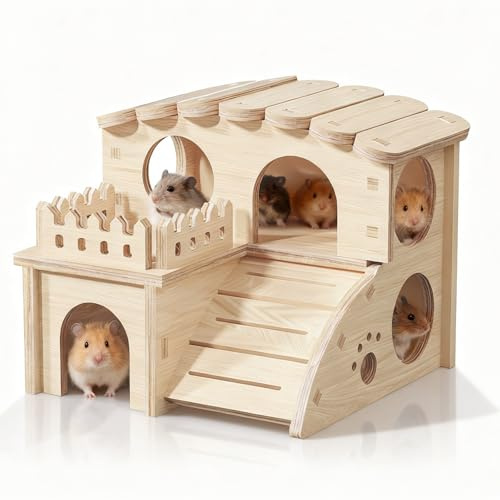 QingWing Maison Hamster, Cachette Souterraine en Bois pour Hamster, Cabane Cochon d'Inde Robuste, Maison Cachette en Bois avec Terrier, pour Hamsters Nains, Gerbilles et Rongeurs