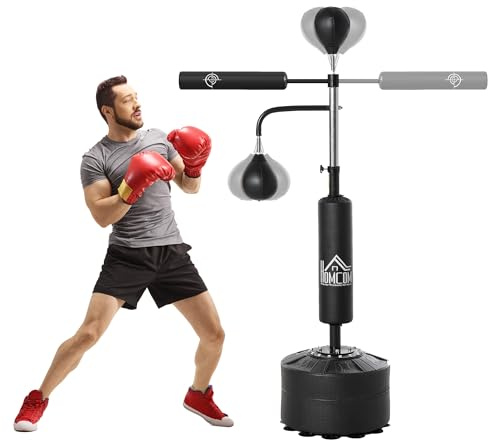 HOMCOM 4-in-1 Boxing Punching Bag with 2 Speed Balls 160-230 cm | Free Standing Design, 360° Relax Bar, PU-Wrapped Boxing Bag, Fillable Base, Adjustable Height