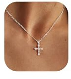 WATEFOER Collar Cruz para Mujer, Collar con Colgante Cruz Chapado en Oro de 18K Elegante Collar Gargantilla con Circonitas Regalo Joyería de Moda para San Valentín Pascua (Plata)