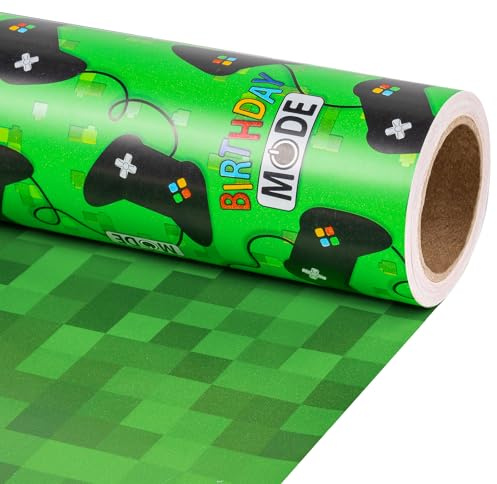 RUSPEPA Papel de regalo reversible mini para cumpleaños gaming verde – Mandos de videojuego y patrón pixel para niños, chicos y amantes de los juegos, cumpleaños, fiestas y celebraciones. 43,2cm x 5m