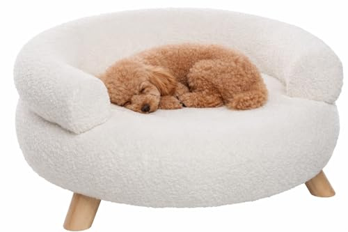 Panier Chien - Panier Chat - canape Chien - Deteno - Sofa - Ronde - Blanche - 54x54x27 cm - Textile et Bois - pour Petits Chiens et Chats - Pieds en Bois