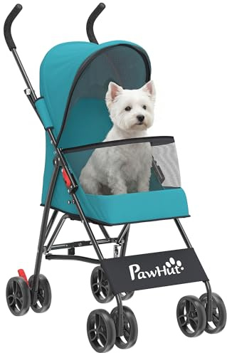 PawHut Dog Stroller Foldable Pet Pram for Miniature Breeds, Dark Green | Cat Dog Stroller with Canopy, 360° Swivel EVA Wheels, Mesh Windows, Brake