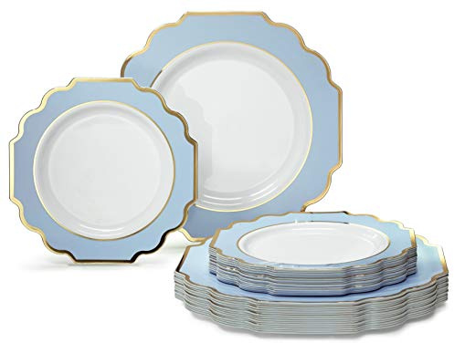  OCCASIONS  50 Plates Pack (25 Guests)-Heavyweight Wedding Party Disposable Plastic Plate Set -(25x10.5'' Dinner + 25x8'' Salad/dessert (Imperial in White/Blue & Gold)