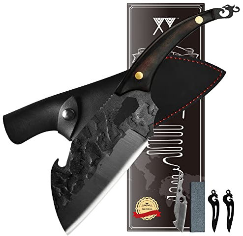 XYJ Coltello da cucina Full Tang 6,5 pollici con coltello Tiny Knife & Whetstone e fodero in pelle, accessorio per coltelli da cucina, campeggio o barbecue