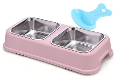 Double Dog Bowl,Non Slip Stainless Steel Double Bowls (S, Square-Pink) | Non-spill Pet Double Bowls with 1 Pet Food Spoop For Small Dogs and Cats