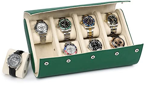 Hiram Custodia per Orologi Portarotolo da Viaggio per 8 Orologi Organizer per Orologio da Viaggio Vera Pelle Saffiano Scatola Porta Orologi (Verde)