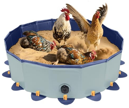 Staubbad für Hühner Wanne Hühnersandbad, Ø 80 cm × H 20 cm Hühnerstaubbad-Sandbadewanne Mit 16 Erdankern, Faltbarem Design und Robustem PVC, Sandbad für Hühner, Behälter für Hühnerstall-Kalk