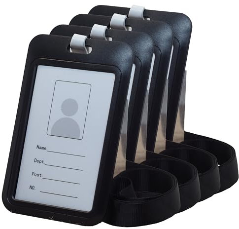 BAWAKO 4er Ausweishüllen, ID Kartenhalter mit Umhängeband, Ausweishalter aus robustem Kunststoff, ID Badge Holder Hartplastik (Schwarz)