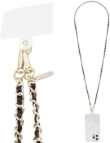 Case-Mate Crossbody Phone Lanyard [Works with All Phones] Hands-Free Strap - Leather Cell Phone Charm - Neck Chain Holder for iPhone 17 Pro Max/16 Pro Max/15/14/13/S25 Ultra - Gold Chain Black Leather