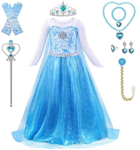 PABTID Robe Elsa de Princesse Fille - Elsa Déguisement avec Couronne Collier Ensemble - Jupe Tulle Longue Elsa Reine des Neiges pour Noël Carnaval Anniversaire Cosplay Fête De Mariage Costume (120)