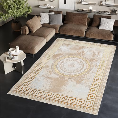 TAPISO Ares Tapis Poils Courts Traditionnel Vintage Beige Or Rosace Bordure Effet 3D Brillant Doux Tapis Salon Chambre Oeko-TEX Résistant 200 x 300 cm