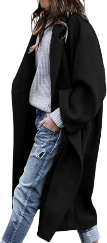 Bnycuml Women's Winter Wool Coat Notch Lapel Single Breasted Casual Mid Long Pea Trench Coat(Black,Small)