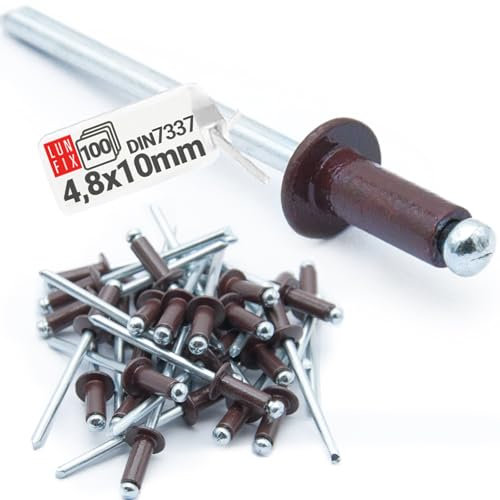 100 rivetti ciechi in alluminio DIN 7337, 4,8 x 10 mm, RAL 8017, colore marrone cioccolato