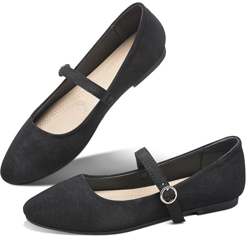 Obtaom Mary Jane Flat Shoes Round Toe Ballet Flats for Women Dressy Fabric Business Flats Comfortable Classic Strap Flats for Office(Black,US8)