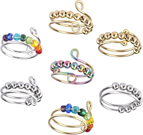 Zhenghebuy Anxiety Rings,7 Pcs Fidget Rings,Stress Relief Ring Set,Adjustable Opening Rings,Spinning Enamel Rings,Finger Bead Rotating Anti-anxiety
