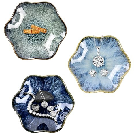 CHENKEE Piatto di Gioielli in Ceramica, Vassoio per Gioielli, Piccolo Vassoio per Chiavi, Decorazione per il Comodino per anelli, Collane, Bracciali (Blu stellato, Verde nebbia, Verde roccia)