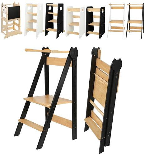XUANYU Lernturm zum Mitnehmen, kippsicher, Holz, Montessori Beobachtungsturm mit Sicherheitsschienen, Montessori Tower höhenverstellbar auf Etagen (Schwarz, 45 x 45 x 88 cm)