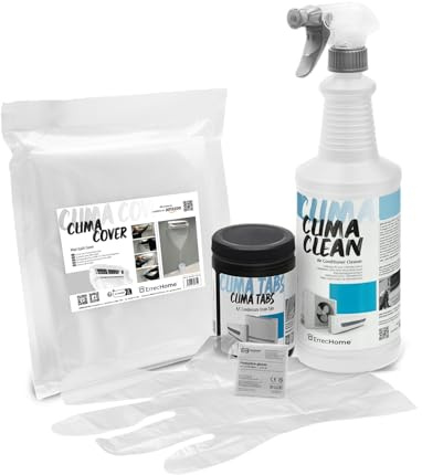 ErrecHome Kit de Nettoyage Climatisation,Clima Clean 1L nettoyant unité interne et filtres,housse de protection Clima Cover, Clima Tabs 40 tablettes de nettoyage évacuation des condensats, gants