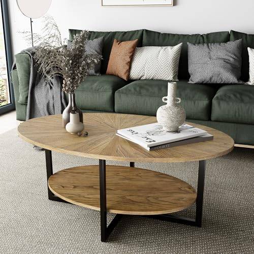 Ovalt soffbord i massivt trä, industriellt mittbord med 2 nivåer med förvaringshyllor, tebord med metallben, träaccent soffa sidobord för vardagsrum, sovrum lägenhet, hemmakontor naturlig färg