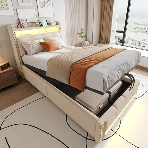 Rtopsu Letto Singolo 90x200 cm con USB-C e Luce LED, Struttura Letto Singolo con Contenitore Idraulico e Testiera, letti con Rete a Doghe in Legno e Telaio in Metallo, Lino, Beige, Senza Materasso