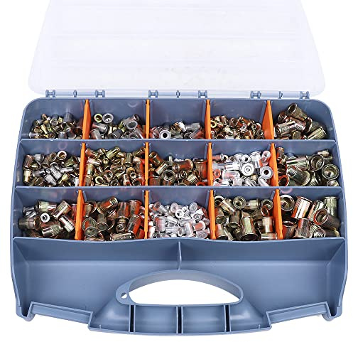Surtido de tuercas de remache de 1200 piezas con caja de almacenamiento, M3-M12, juego de tuercas de remache ciego, juego de tuercas de remache y tuercas atornilladas