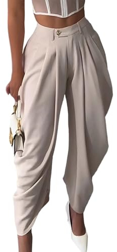 Unybwonn Womens Business Casual Pants Baggy High Waisted Wide Leg Pleated Drapey Harem Tapered Pants Work Trousers Apricot