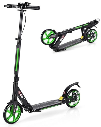 COSTWAY Folding Kick Scooter, 3 Heights Adjustable City Scooters with Big Wheels, Anti-Shocking Suspension and Carrying Strap, Lightweight Street Scooter for Kids, Teens and Adults