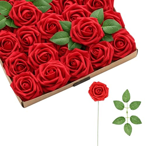 YREYBN Red Roses Artificial Flowers, 25 Artificial Red Roses Box Set, Fake Roses Decorations for Home and Events, Lifelike Red Rose Bouquet Arrangement with Realistic Petals and Stems