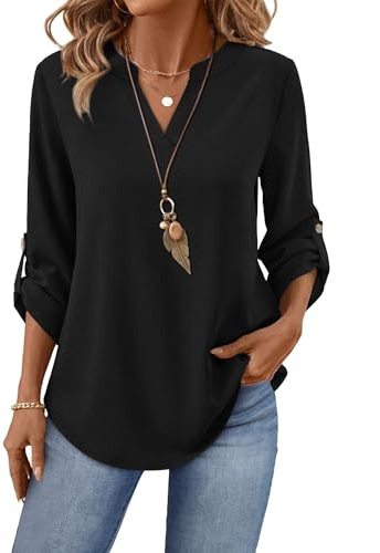 XIEERDUO Ladies Tops 3/4 Sleeve Summer Tops for Women UK V Neck Womens Blouses Roll Up Sleeve T Shirts with Button
