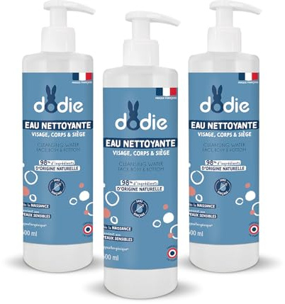 Dodie - Agua de limpieza 3 en 1, 3 unidades de 500 ml, para rostro, cuerpo y nalgas, 98 % de ingredientes de origen natural, hipoalergénica, desde el nacimiento