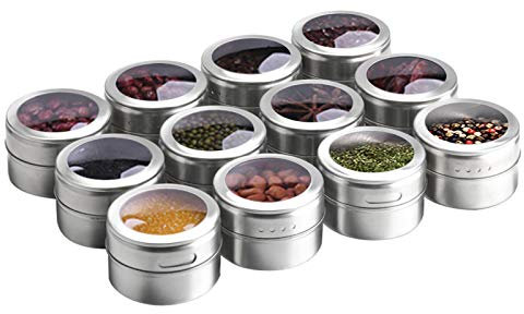 Aiyola Magnetische Gewürzdosen, 12 Stück, Edelstahl, magnetischer Gewürzbehälter, staubdicht, magnetische Gewürzgläser, leicht zu reinigen und rostfrei, inklusive 120 Beschriftungsaufklebern
