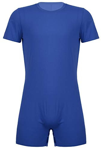 Alvivi Herren Body Overall Kurzarm T-Shirt Hemd Tops Einteiler Männerbody mit Druckknöpfe im Schritt Slim Fit Unterhemd Boxershorts Blau XL
