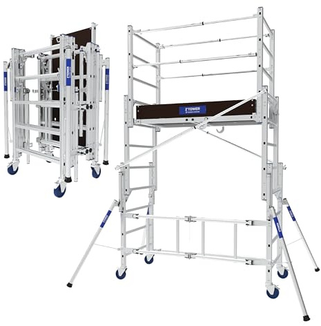 Tubesca-Comabi - Échafaudage Roulant Télescopique Z'TOWER - Ultra Compact, Usage Intensif - En Aluminium - 7 Niveaux de Plancher - Montage Ultra Rapide - Charge Max 200 kg - Fabriqué en France