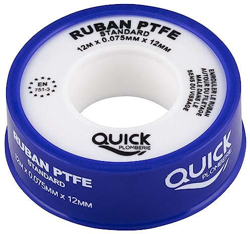 Cinta de teflón 12 mm x 12 m – Espesor 0,075 mm | Ideal para fontanería, sellado de conexiones y roscas en instalaciones de agua | Fácil de usar y resistente | QUICK PLOMBERIE
