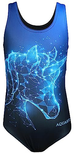 Aquarti Badeanzug Mädchen – Sportlicher Mädchen Badeanzug mit Ringerrücken Print, Farbe: Einhorn Blau/Schwarz, Größe: 152