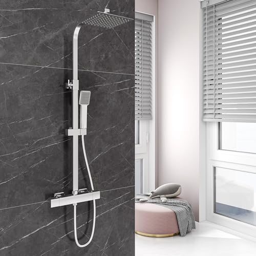 Aica Sanitarios Columna de Ducha Termostática Cuadrada con Barra Ajustable, Plata Brillante Alcachofa de Ducha Lluvia para Baño