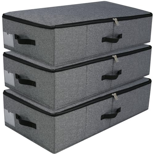 AMJ Large Under Bed Storage Containers, 3 Pack Closet Organizers Bins, Foldable Closet Organizers Storage for Blankets, Towels, Comforter, Sweaters, Linen Sheets, Wrapping Paper (Black Grey)