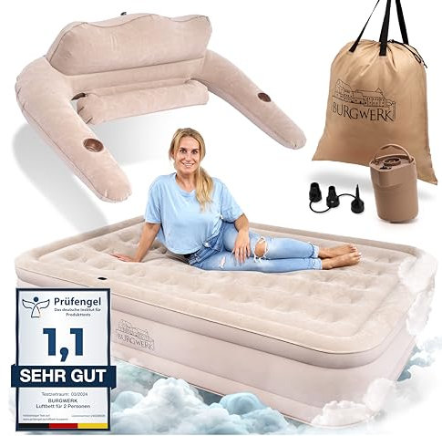 Burgwerk Luftbett für 2 Personen [Praktisches 3 in 1 System] | Selbstaufblasendes Gästebett in 150x200 | Luftmatratze selbstaufblasend, Aufblasbare Matratze