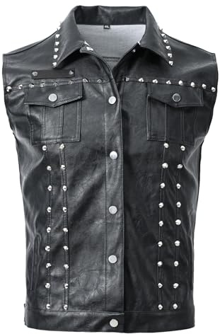 DSDZ Fashion Mens Rivet Faux Leather PU Vest Punk Party Studded Slim Fit Male Sleeveless Waistcoat For Men Black X-Large