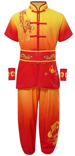 Fldy Kids Boy Girl Kung Fu Master Chinese Traditional Clothing Dragon Print Tops with Pants Belt Cuffs Martial Arts Sets Yellow&Red 7-8 Years