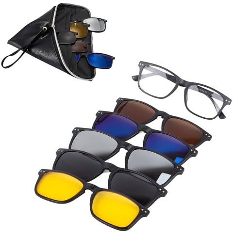 Tissting Clip Magnétique sur Lunettes de Soleil avec 5 Clips Interchangeables, Lunettes Rectangulaires TR Rétro a Clip sur Lunettes de Conduite de Nuit pour Hommes et Femmes