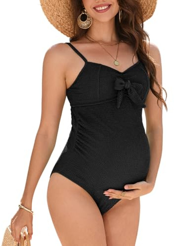 Hobrounn Costume da Bagno Premaman Monopezzo da Mare con Fiocco Swimwear Spalline Regolabili, Nero , L