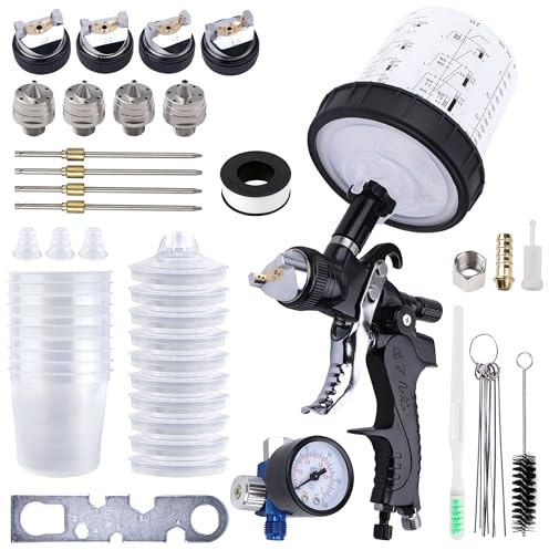 Zeinlenx HVLP Spray Gun with 10Pcs 600ML Disposable Paint Cups, 4 Nozzles,1.4/1.7/2.0/2.5mm, Automotive Gravity Feed Paint Spray Gun Kit with Air Compressor Regulator for Auto (Black)