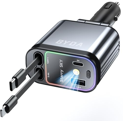 Caricabatteria da auto retrattile USB C 4 in 1, 69 W con luce stellata, ricarica rapida per iPhone 16/15/14/13/12, iPad,Android,adattatore accendisigari (Lightning+USB C & Purple Light)